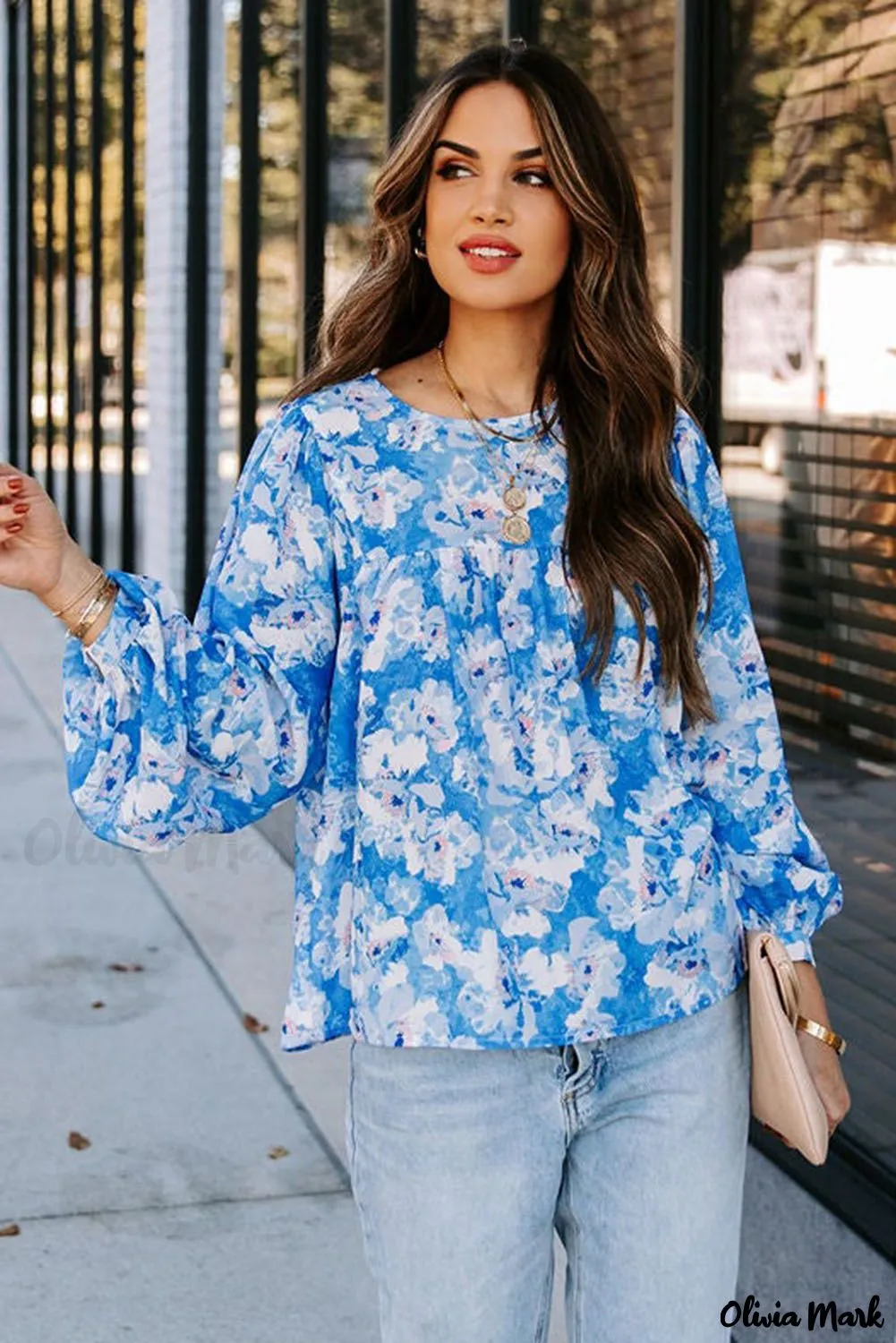Deanwangkt - Baby Blue Floral Print Puff Sleeve Blouse