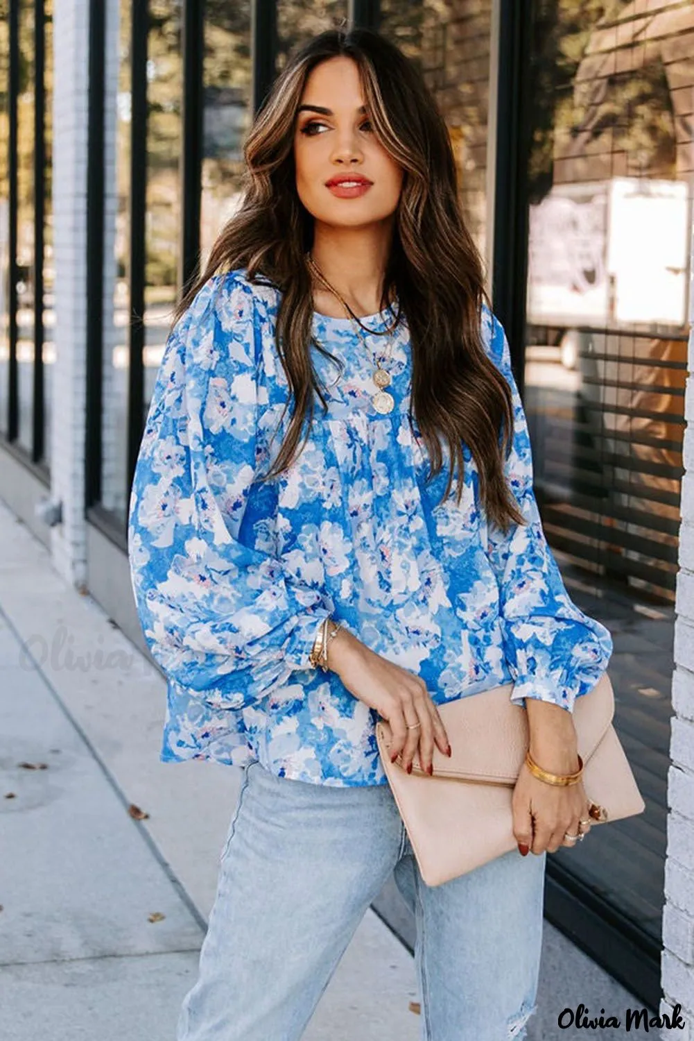 Deanwangkt - Baby Blue Floral Print Puff Sleeve Blouse