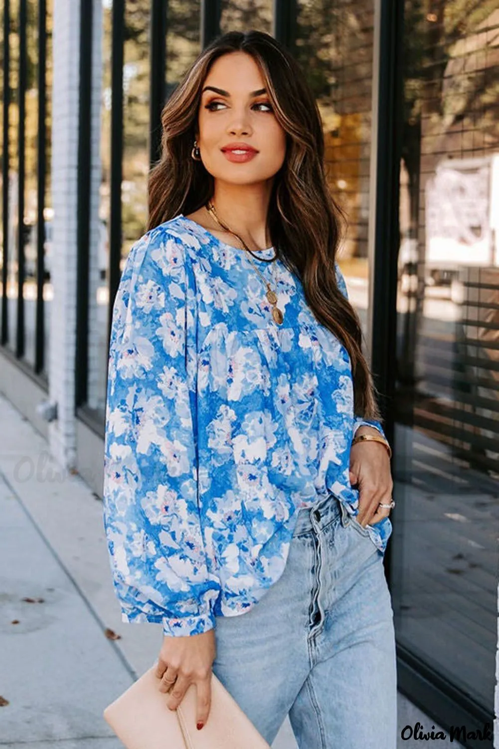 Deanwangkt - Baby Blue Floral Print Puff Sleeve Blouse