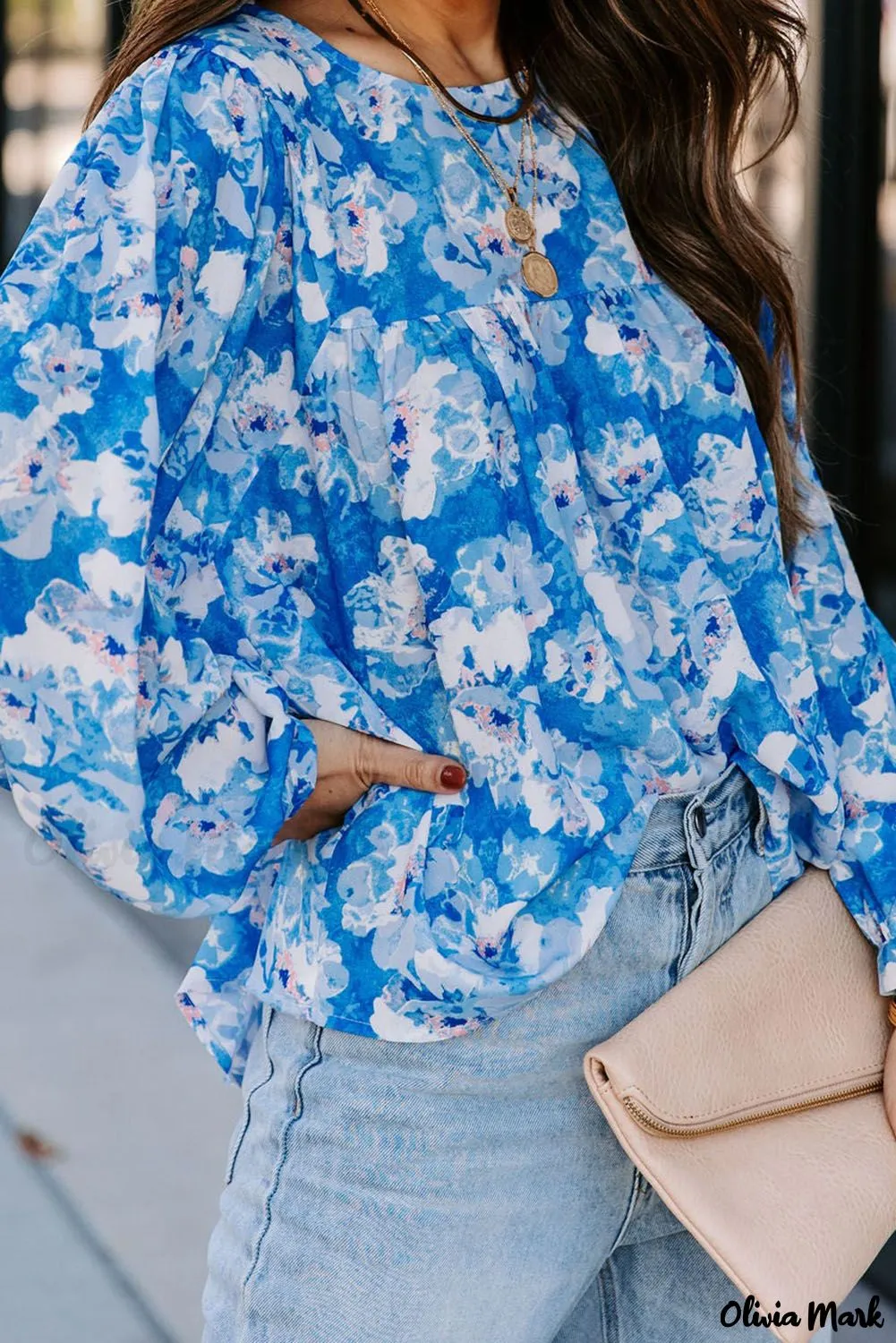 Deanwangkt - Baby Blue Floral Print Puff Sleeve Blouse
