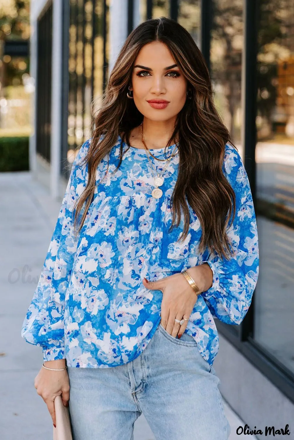Deanwangkt - Baby Blue Floral Print Puff Sleeve Blouse