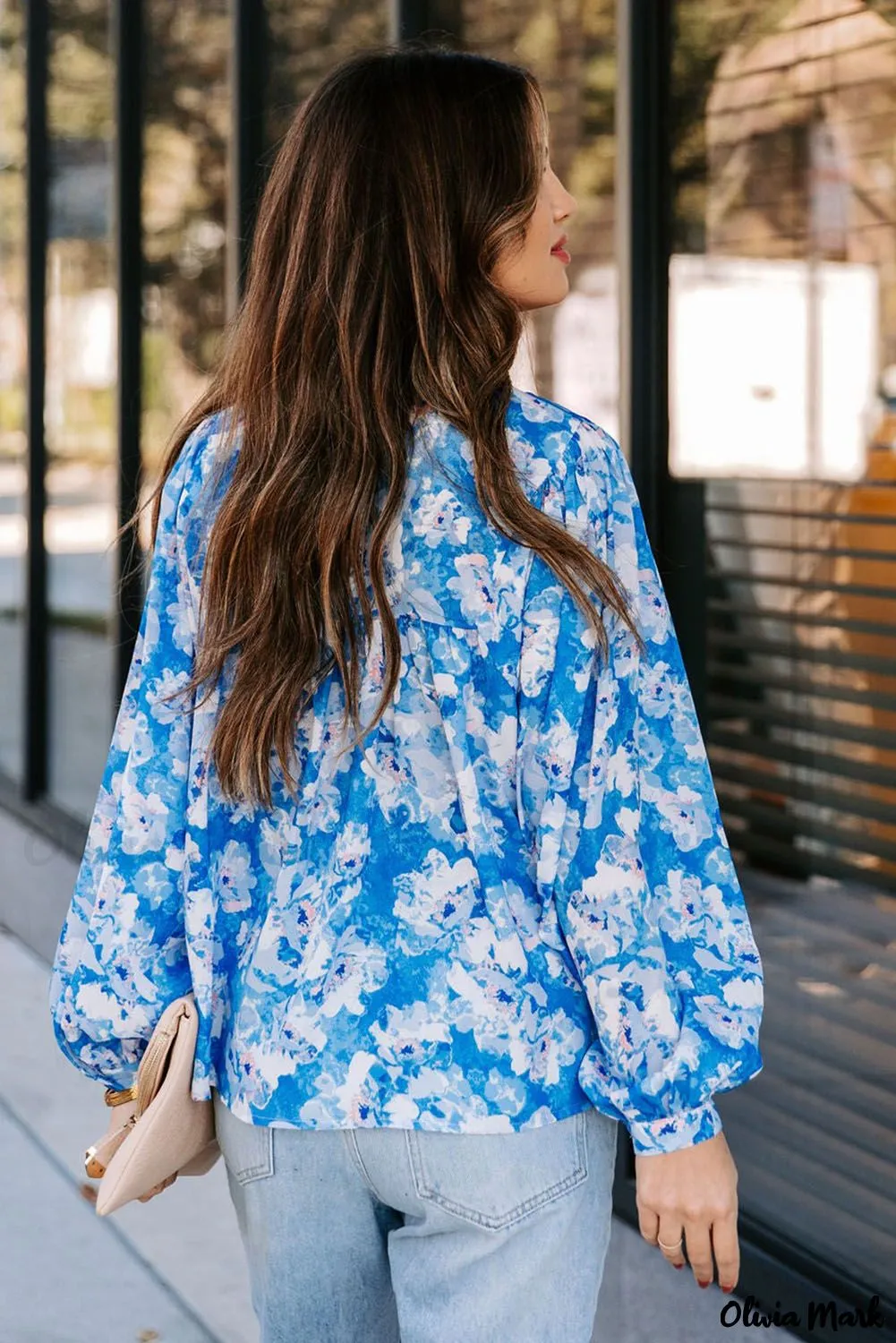 Deanwangkt - Baby Blue Floral Print Puff Sleeve Blouse
