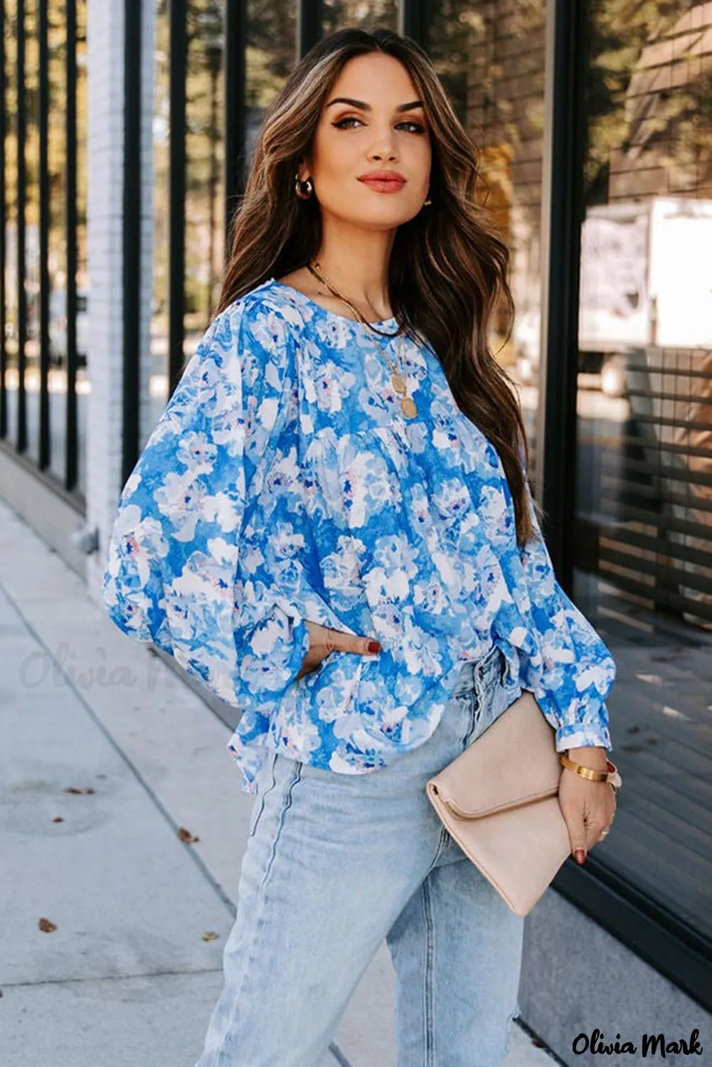 Deanwangkt - Baby Blue Floral Print Puff Sleeve Blouse