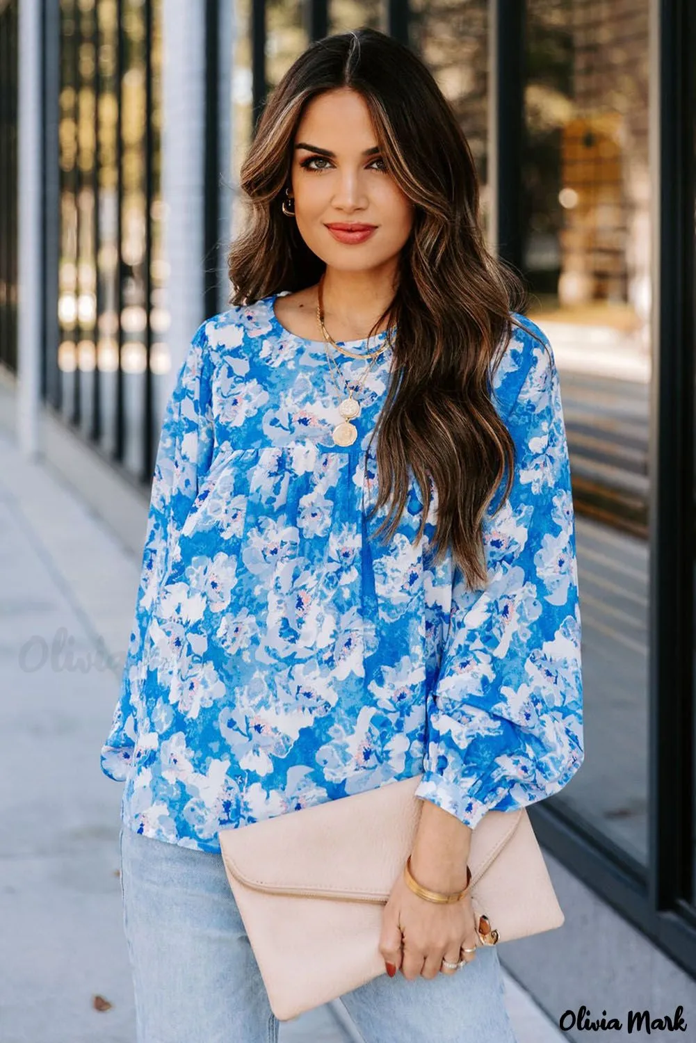 Deanwangkt - Baby Blue Floral Print Puff Sleeve Blouse