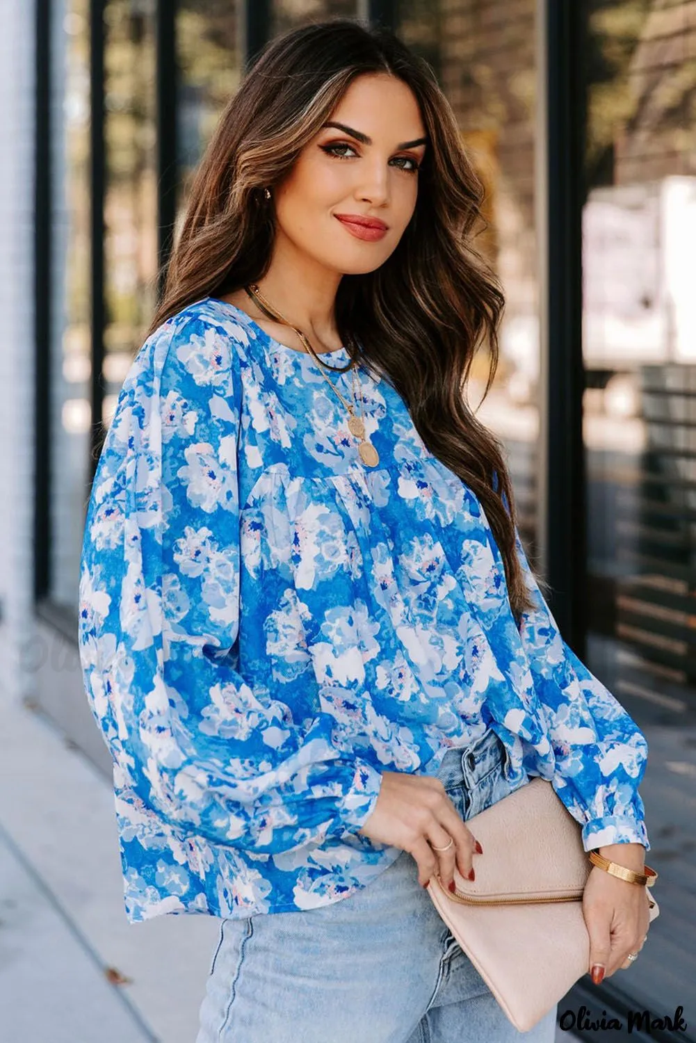 Deanwangkt - Baby Blue Floral Print Puff Sleeve Blouse