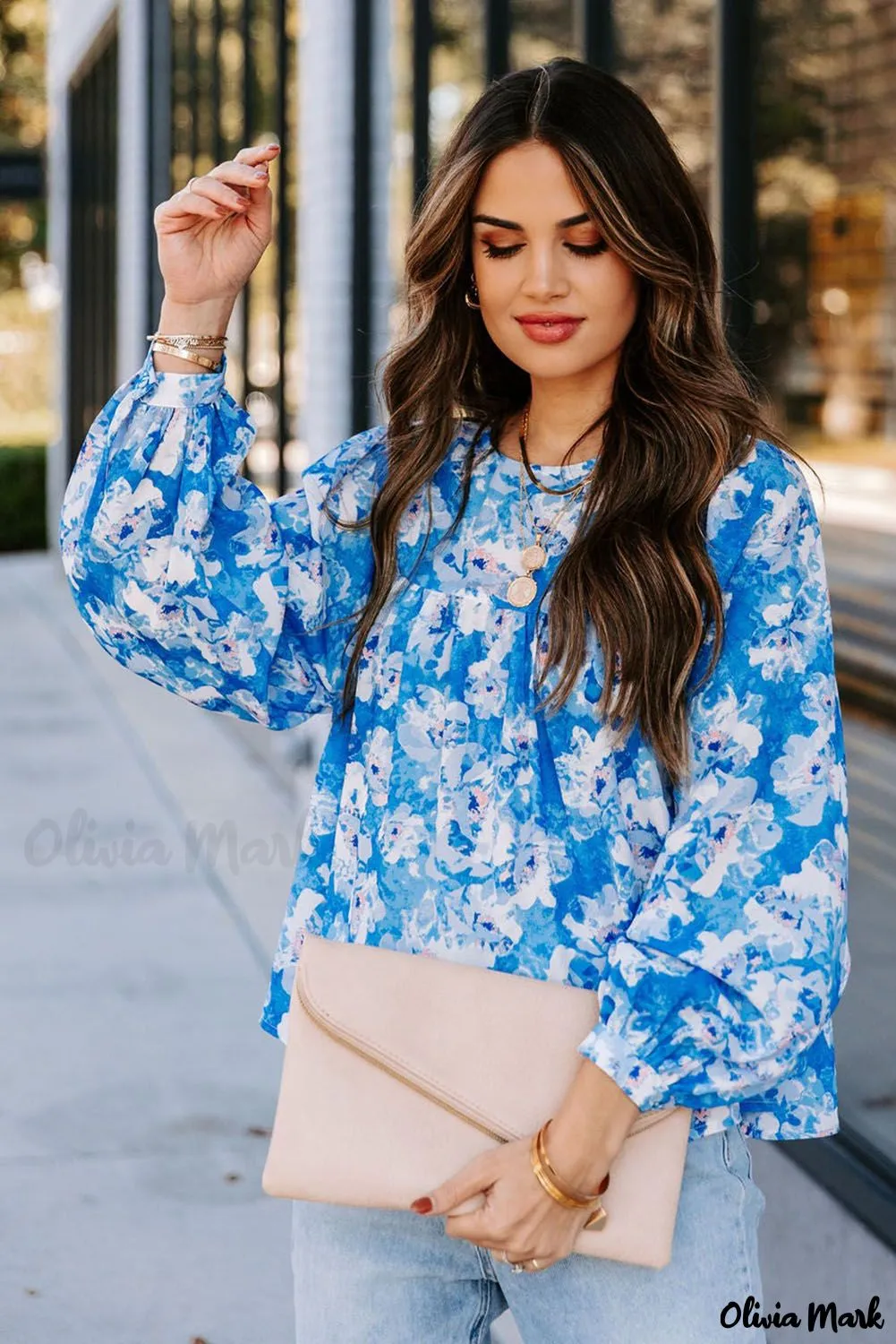 Deanwangkt - Baby Blue Floral Print Puff Sleeve Blouse