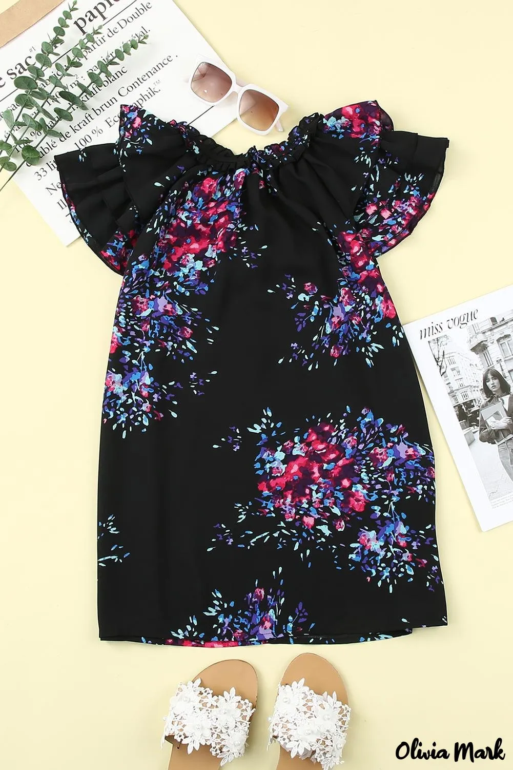Deanwangkt - Black Tie-Dye Print Split V-Neck Butterfly Sleeve Blouse