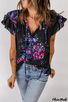 Deanwangkt - Black Tie-Dye Print Split V-Neck Butterfly Sleeve Blouse