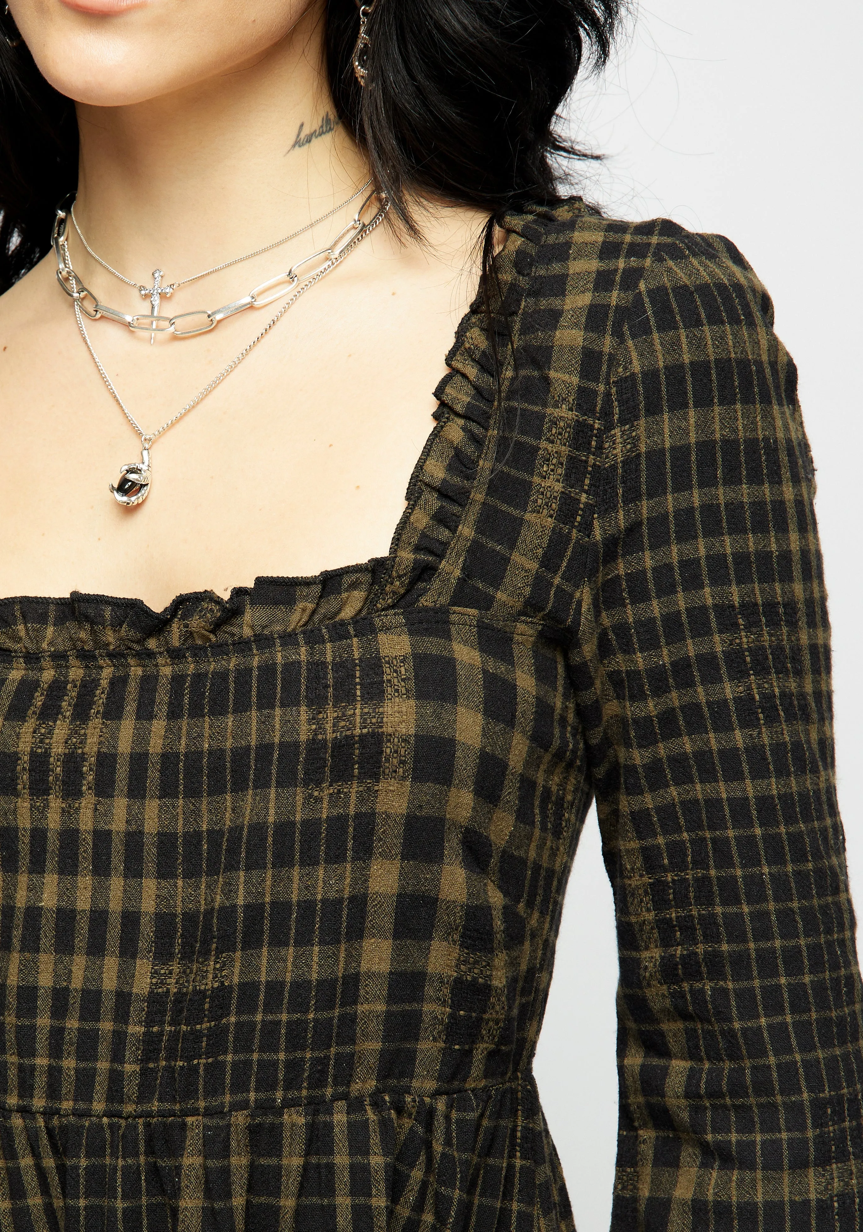 Dropout Check Ruffle Shirred Mini Dress