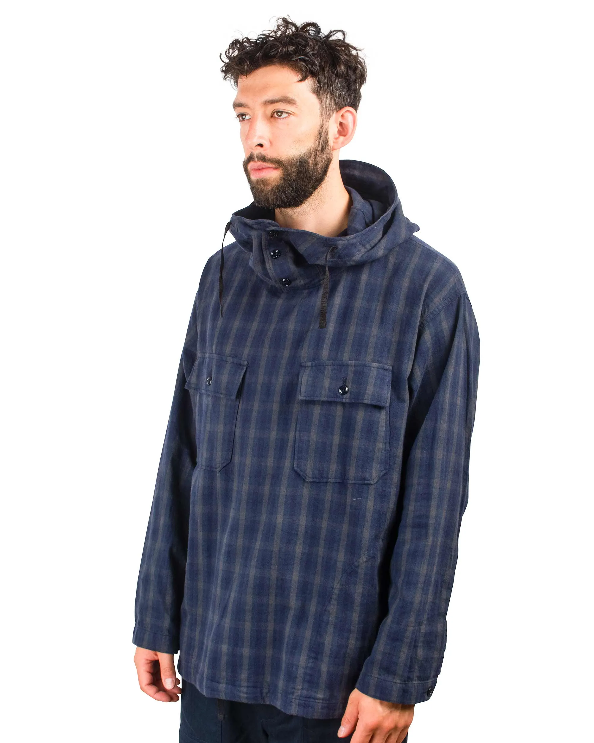 Navy/Grey Cotton Flannel Plaid Engineered Garments Cagoule Shirt - Enhanced Title