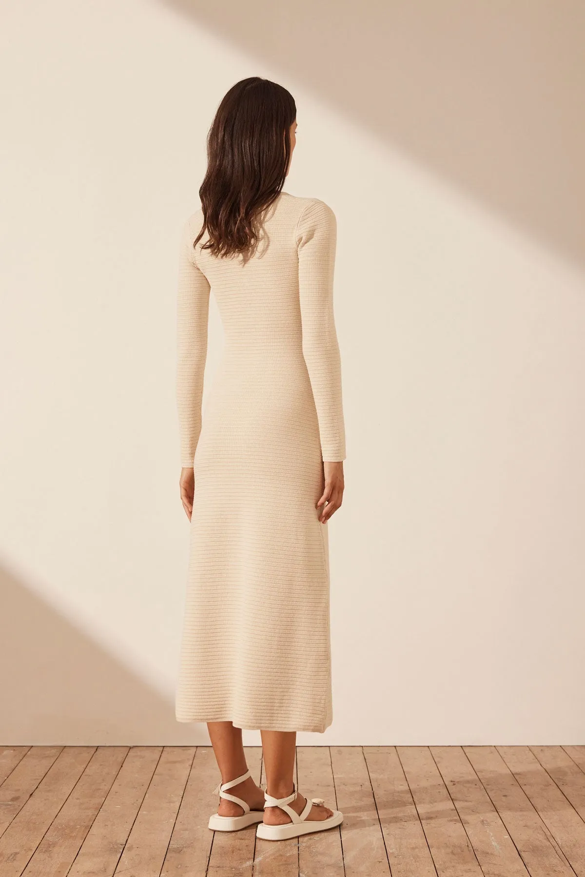 EVE LONG SLEEVE KEYHOLE MIDI DRESS - BONE