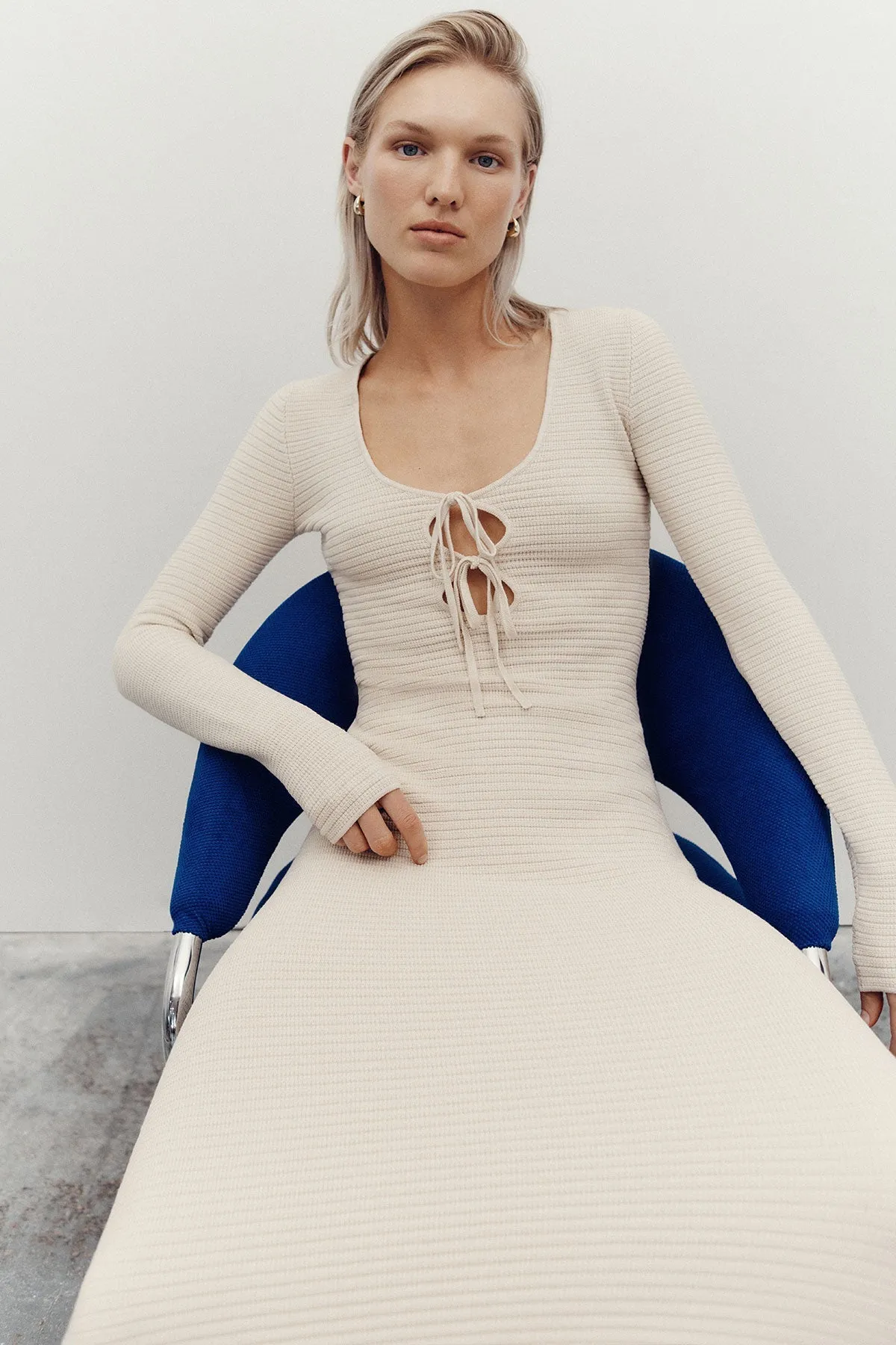 EVE LONG SLEEVE KEYHOLE MIDI DRESS - BONE