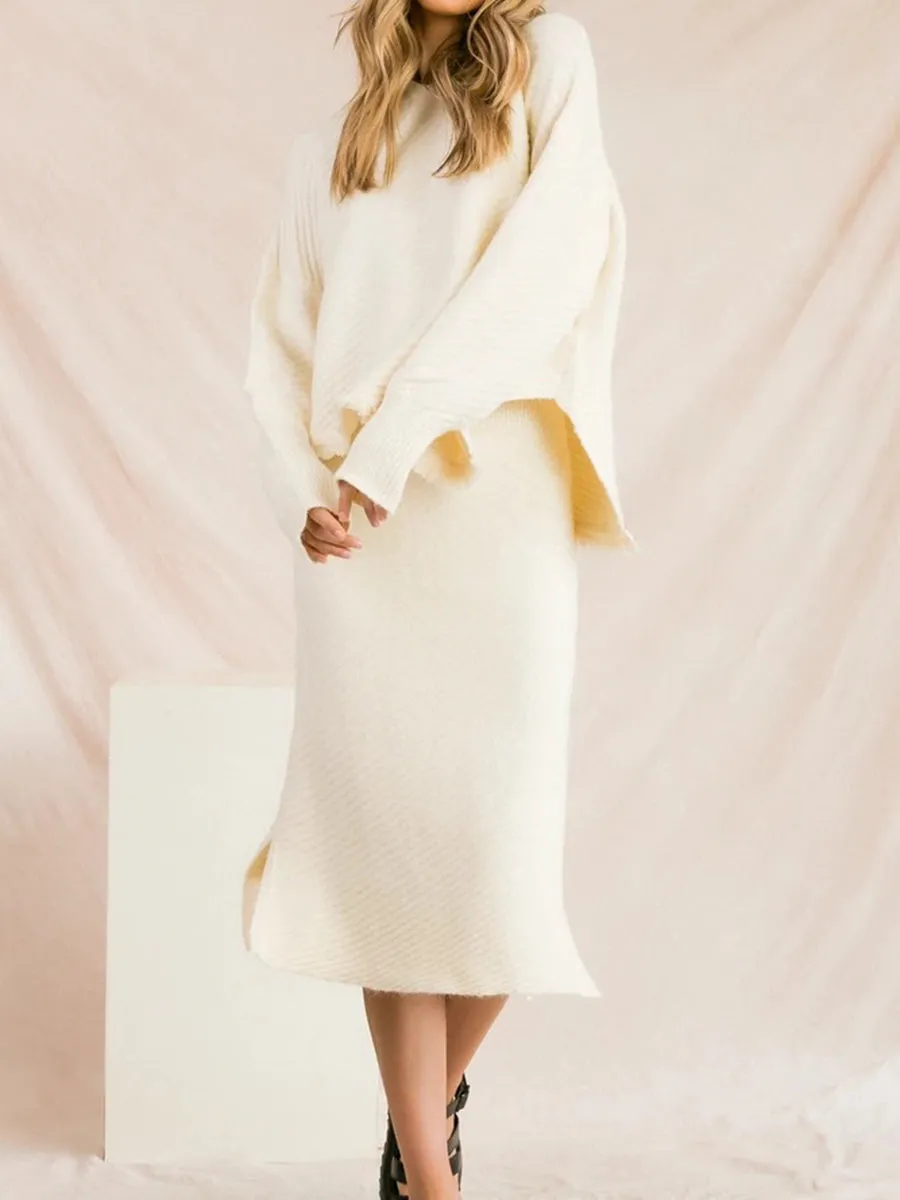 Fashion Elegant Loose Casual Long Sleeve Hooded Top Skirt Knitted Suit