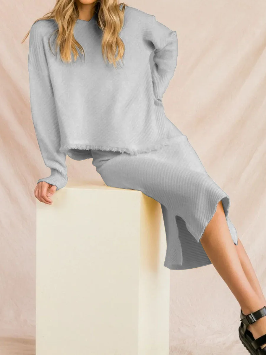 Fashion Elegant Loose Casual Long Sleeve Hooded Top Skirt Knitted Suit