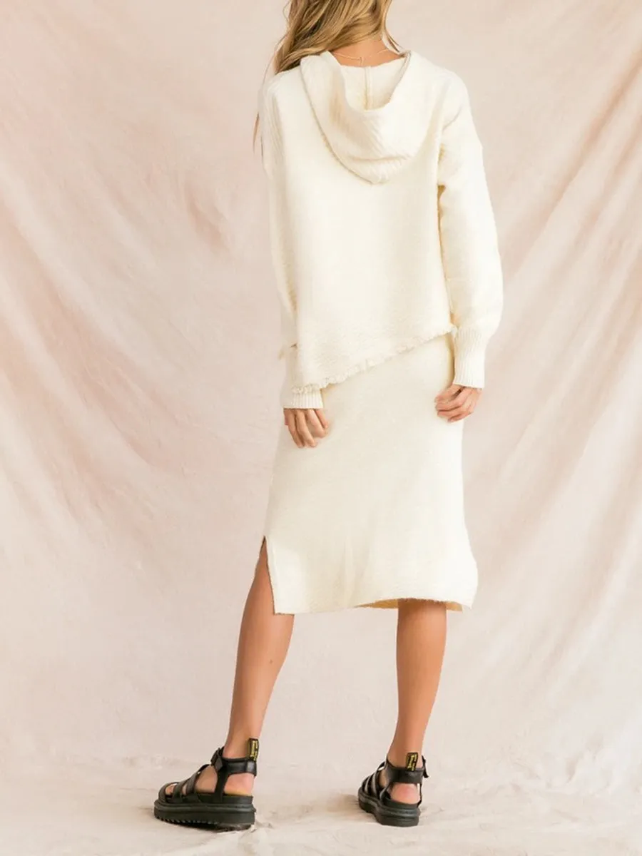Fashion Elegant Loose Casual Long Sleeve Hooded Top Skirt Knitted Suit
