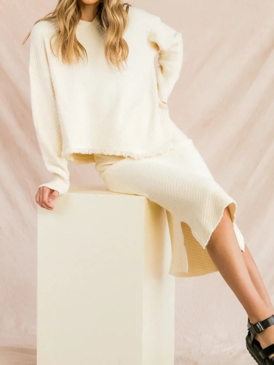 Fashion Elegant Loose Casual Long Sleeve Hooded Top Skirt Knitted Suit