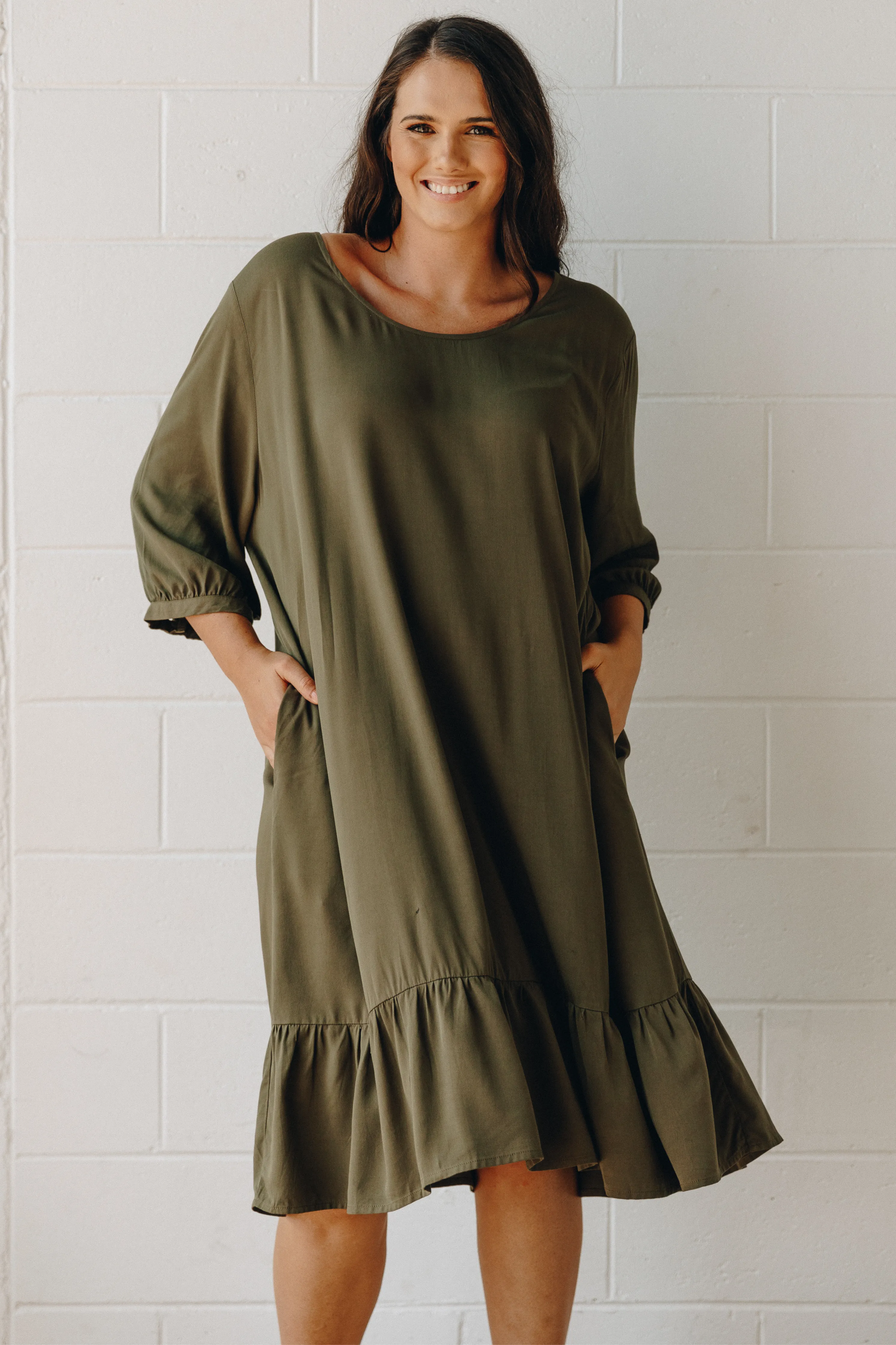 FINAL SALE Long Sleeve Flare Dress in Khaki