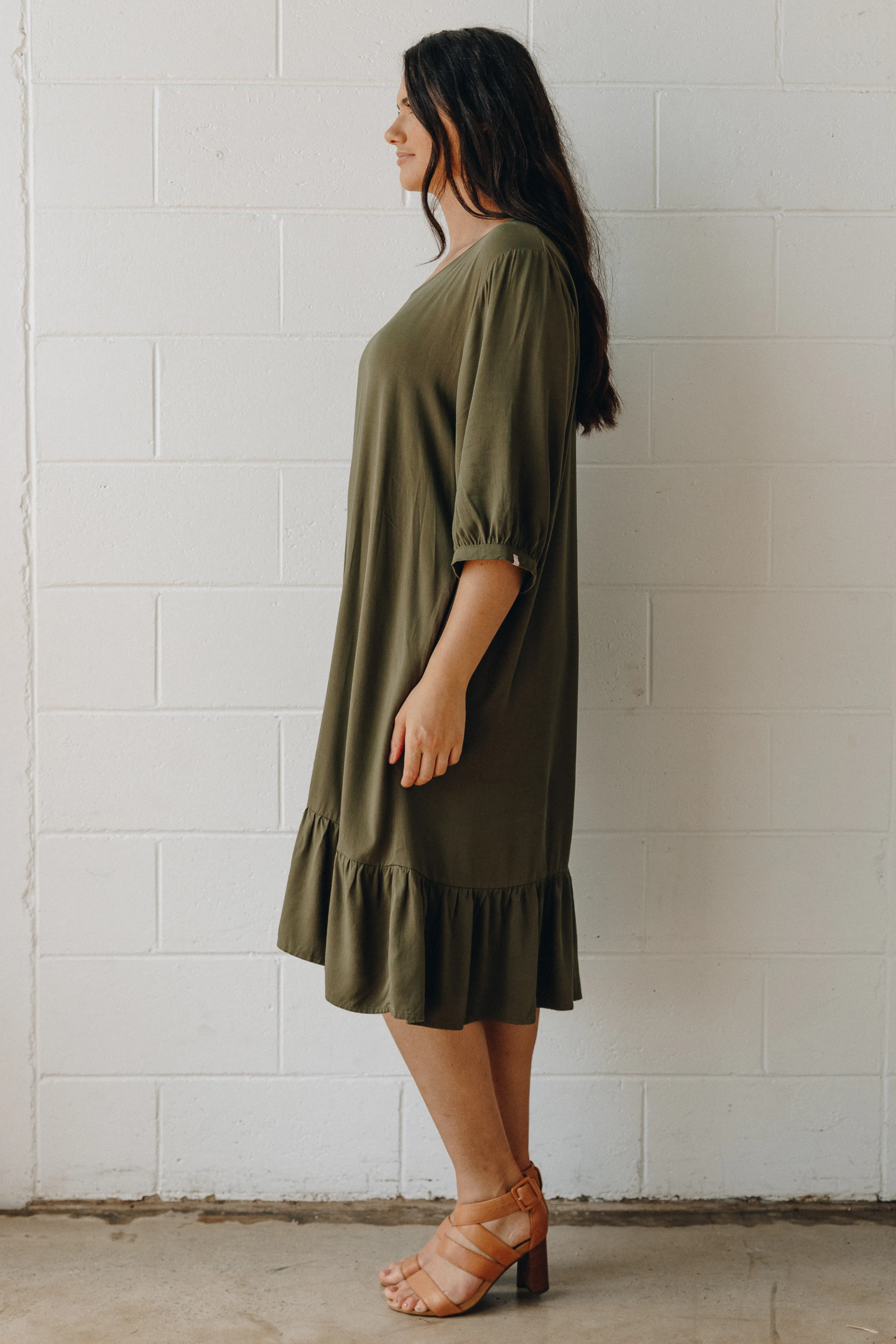 FINAL SALE Long Sleeve Flare Dress in Khaki