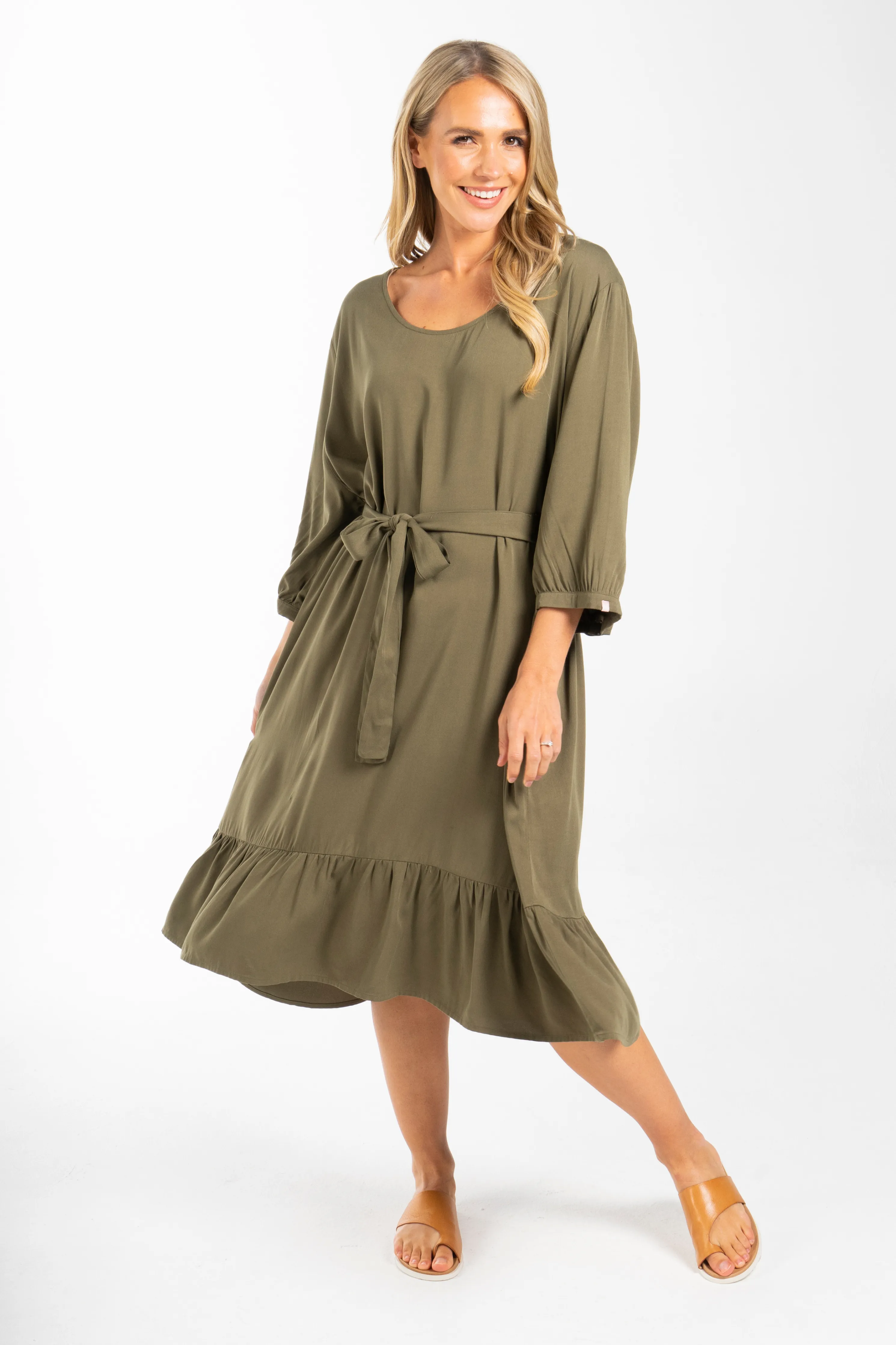 FINAL SALE Long Sleeve Flare Dress in Khaki