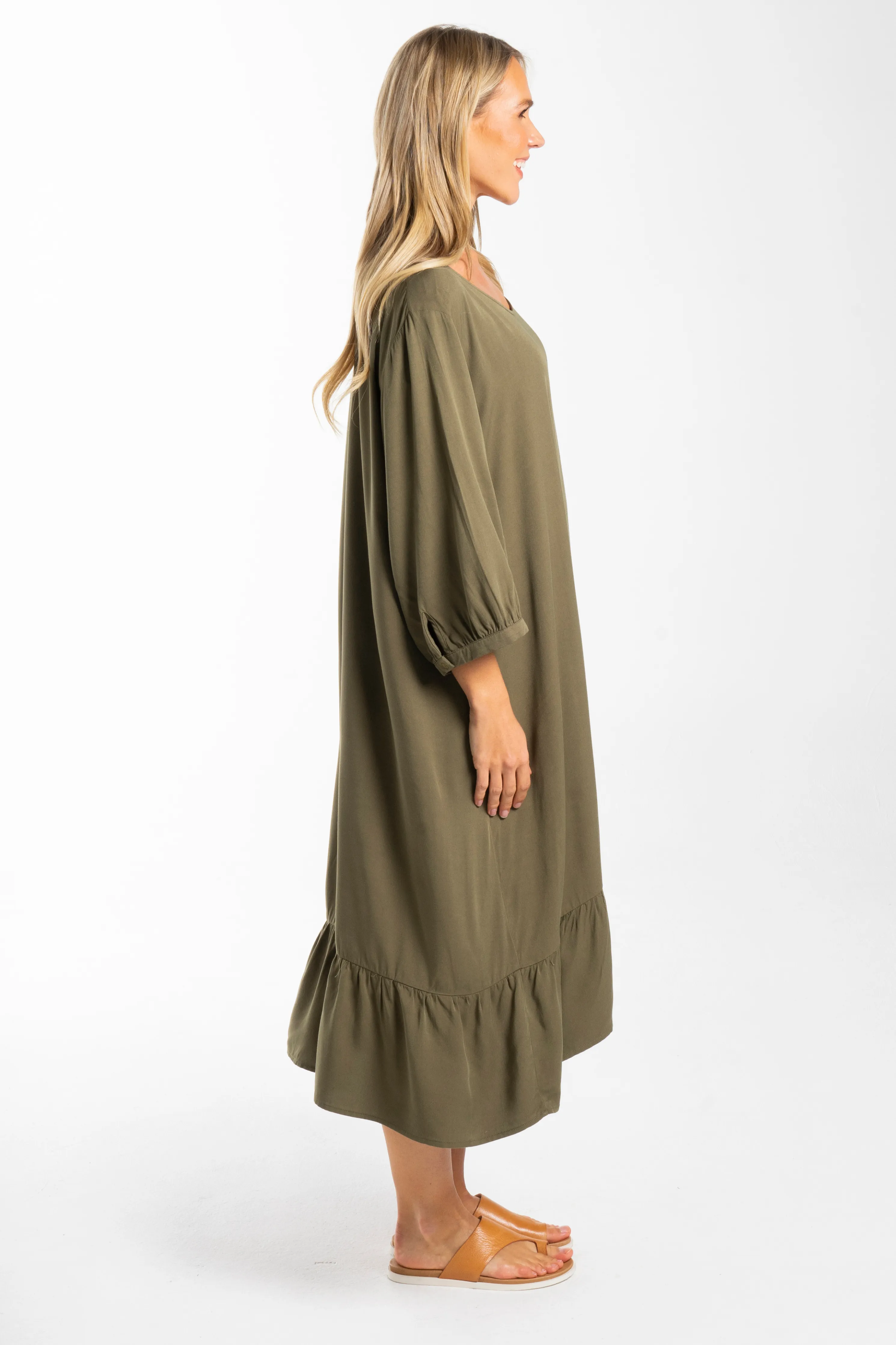 FINAL SALE Long Sleeve Flare Dress in Khaki