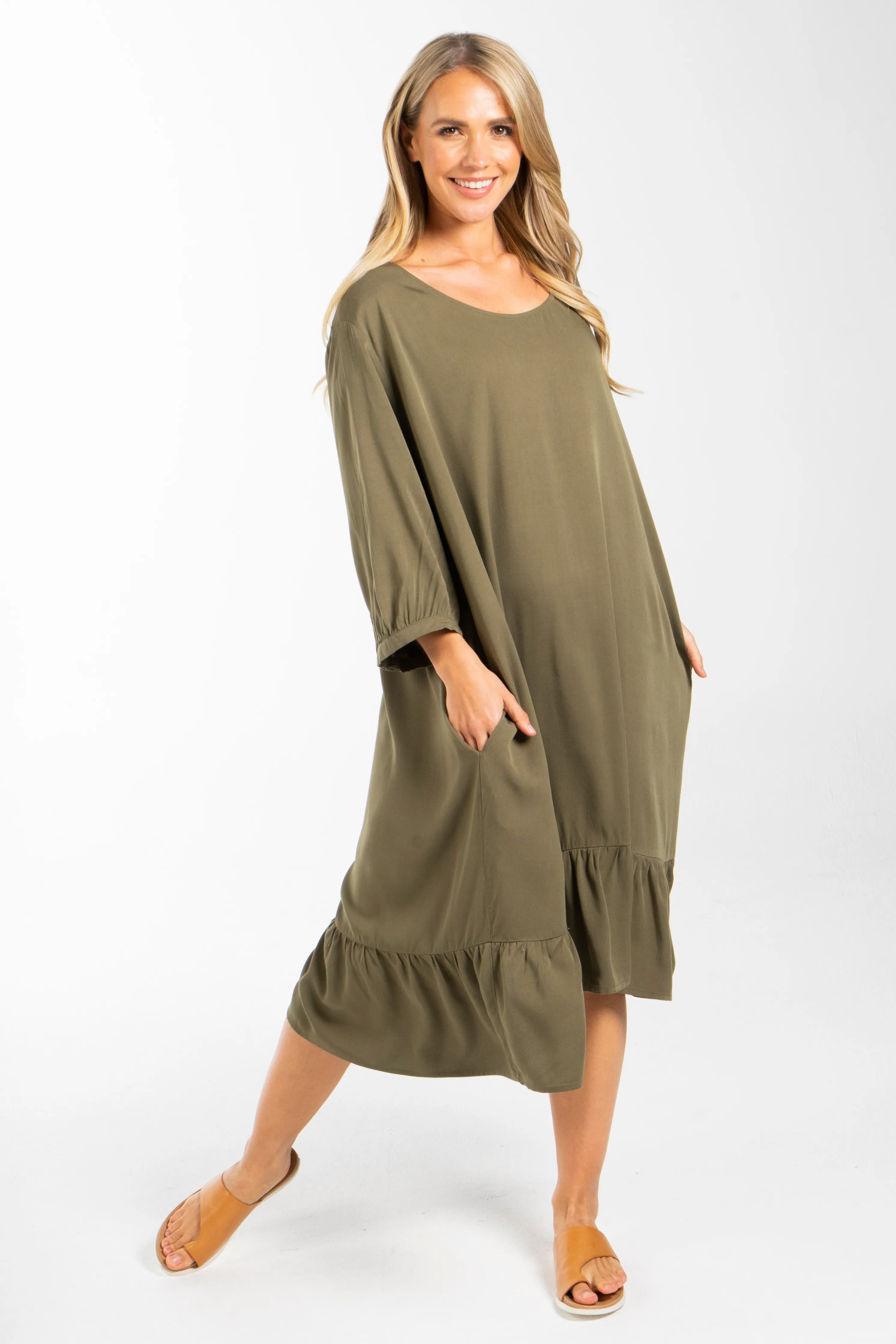 FINAL SALE Long Sleeve Flare Dress in Khaki
