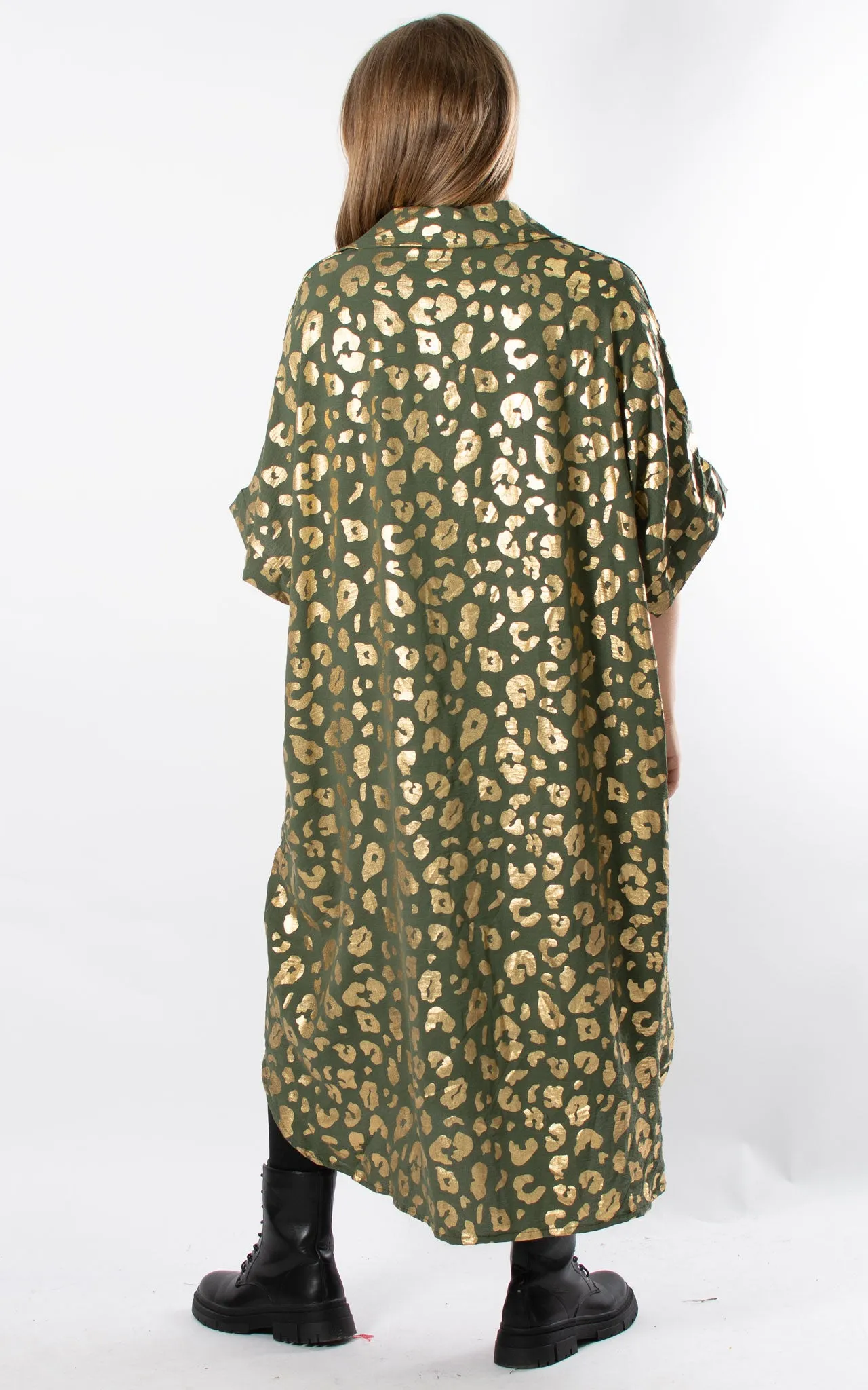 Foil Leopard Shirt Dress | Khaki