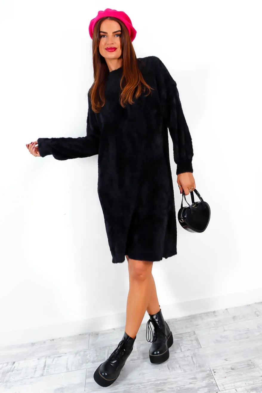 Forever Fluffy - Black Knitted Midi Dress