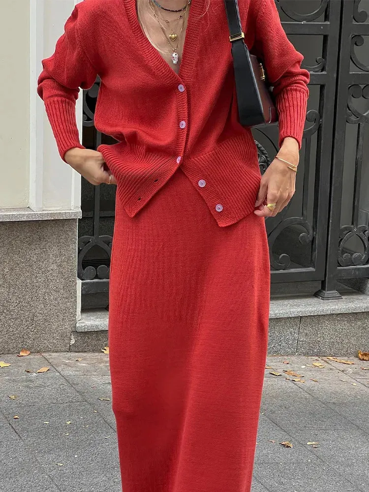 Girlary Elegant Soild Knitted Suit 2 Piece Maxi Skirt V-Neck Crop Top for Women Long Sleeve Button T-Shirt Vacation Outfits