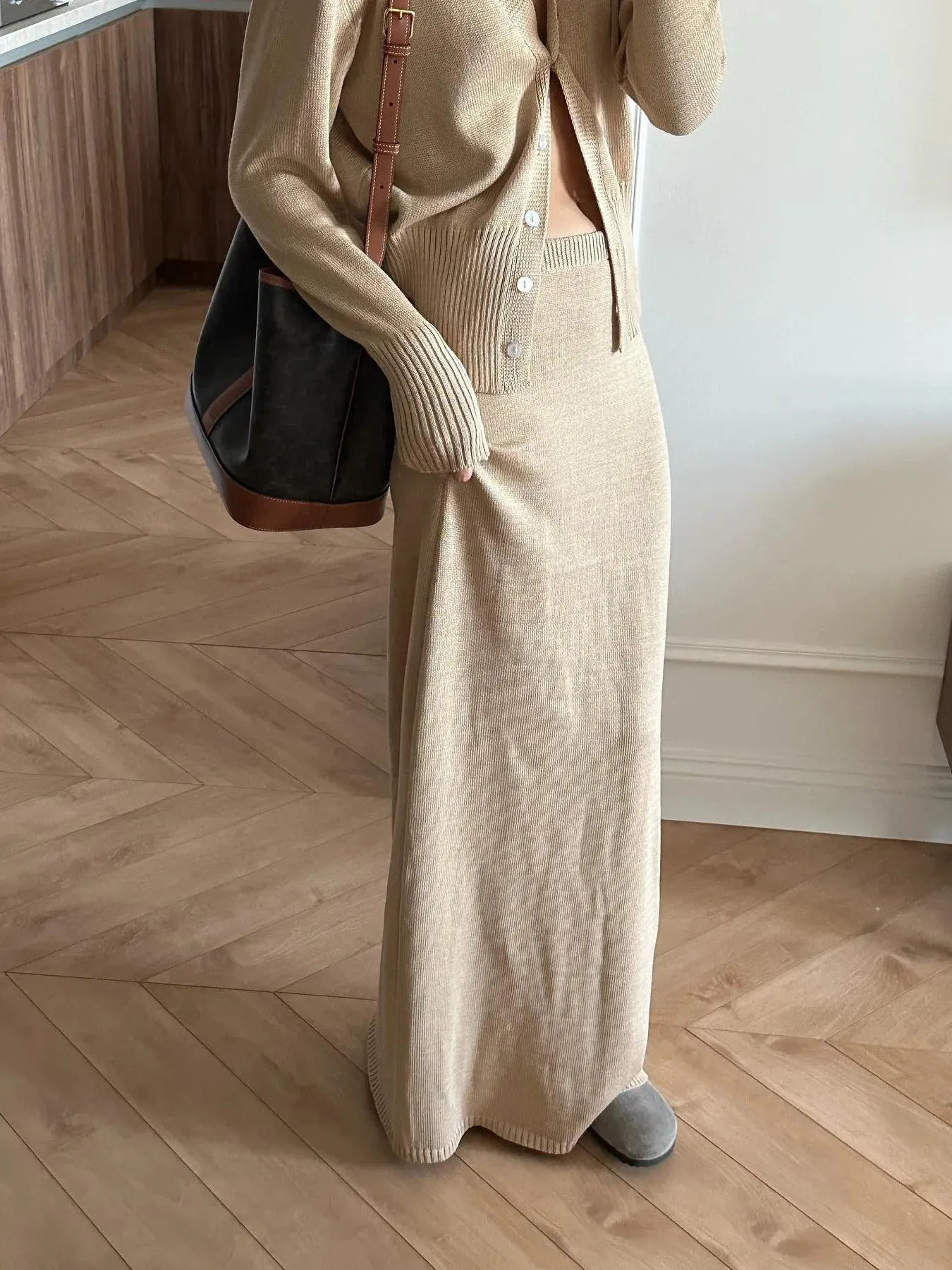 Girlary Elegant Soild Knitted Suit 2 Piece Maxi Skirt V-Neck Crop Top for Women Long Sleeve Button T-Shirt Vacation Outfits