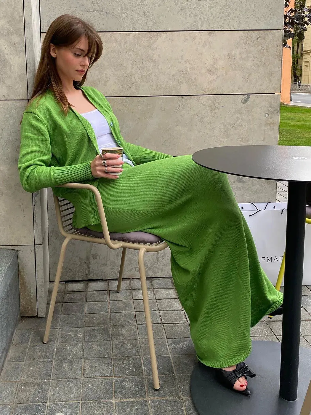 Girlary Elegant Soild Knitted Suit 2 Piece Maxi Skirt V-Neck Crop Top for Women Long Sleeve Button T-Shirt Vacation Outfits