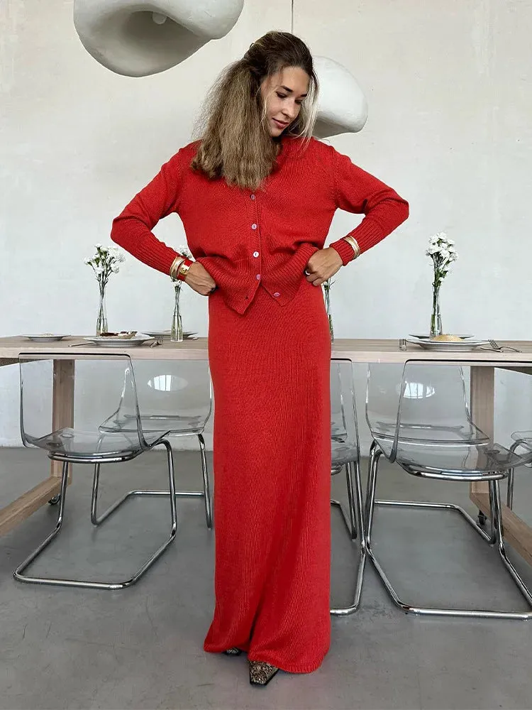 Girlary Elegant Soild Knitted Suit 2 Piece Maxi Skirt V-Neck Crop Top for Women Long Sleeve Button T-Shirt Vacation Outfits