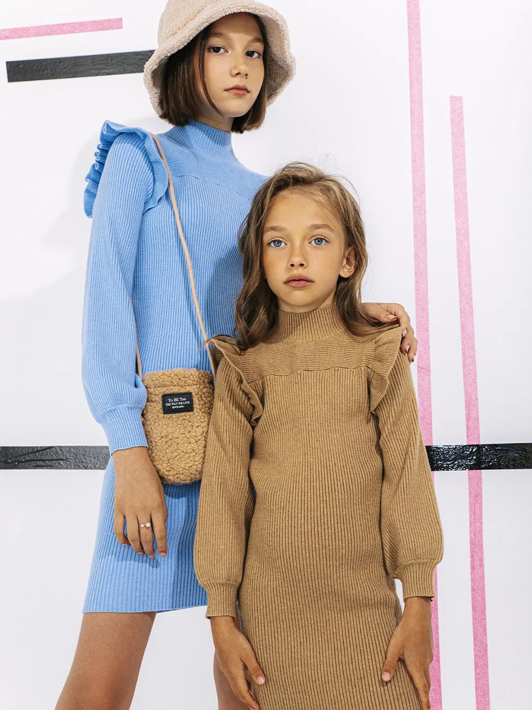 Girl's Knitted dress with ruffles - TBT1325 camel