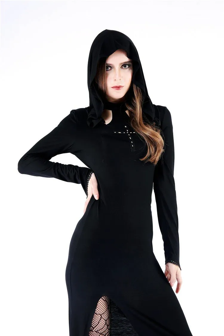 Gothic long knitted hooded dress with hollow out cross DW148