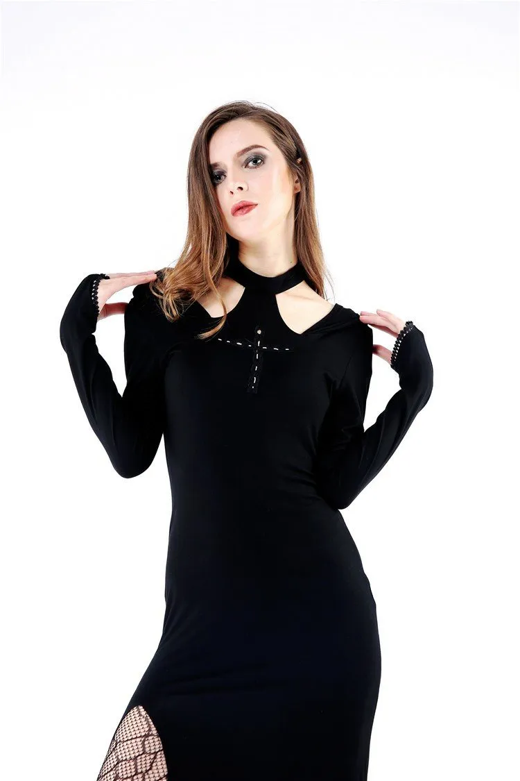 Gothic long knitted hooded dress with hollow out cross DW148