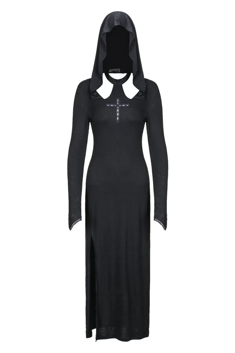 Gothic long knitted hooded dress with hollow out cross DW148