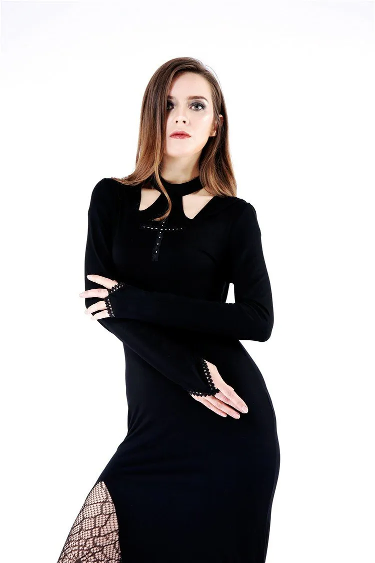 Gothic long knitted hooded dress with hollow out cross DW148