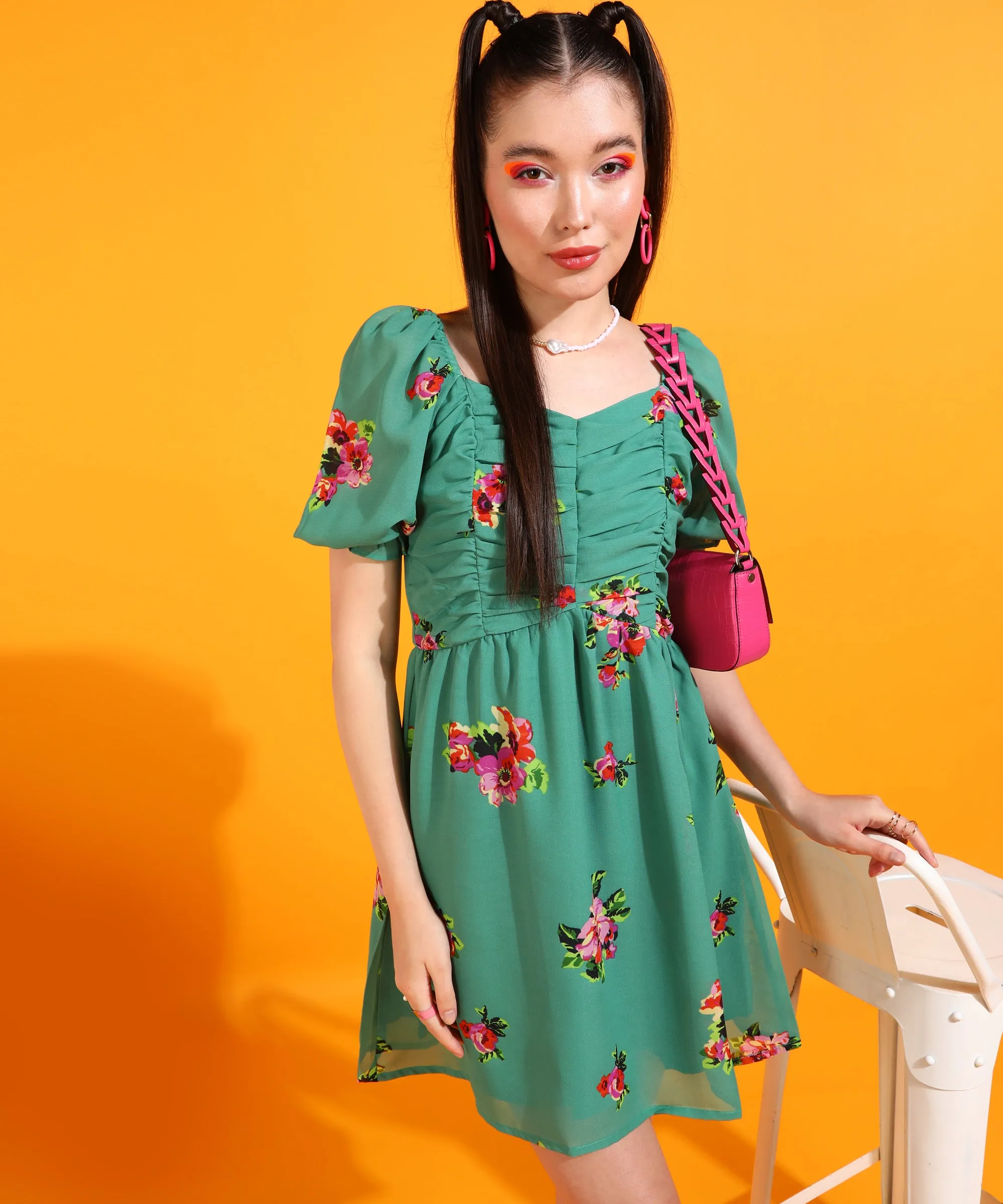 Floral Green Above-Knee Dress