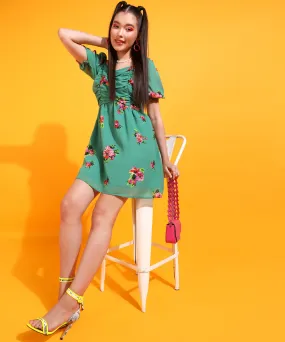 Floral Green Above-Knee Dress
