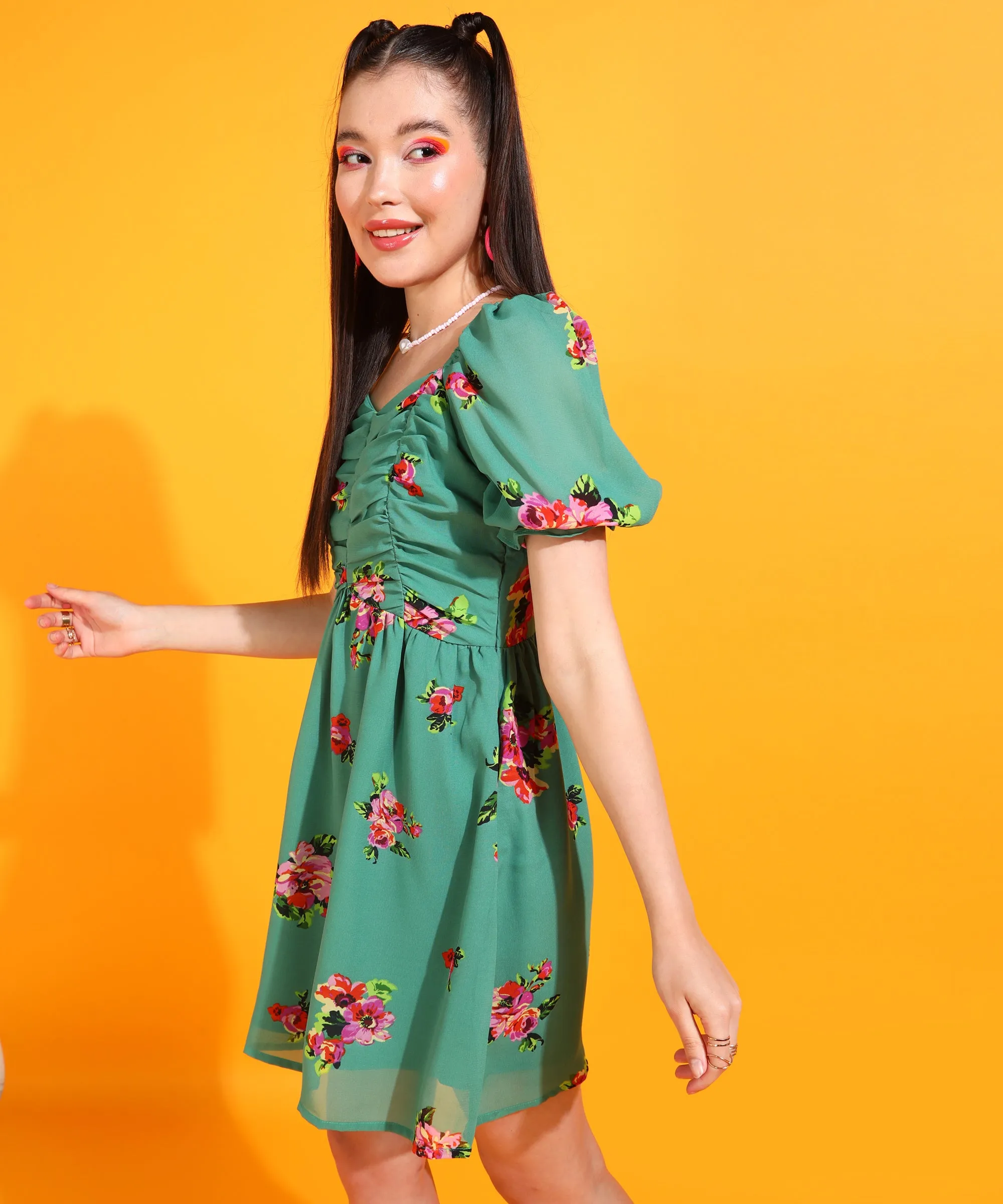 Floral Green Above-Knee Dress