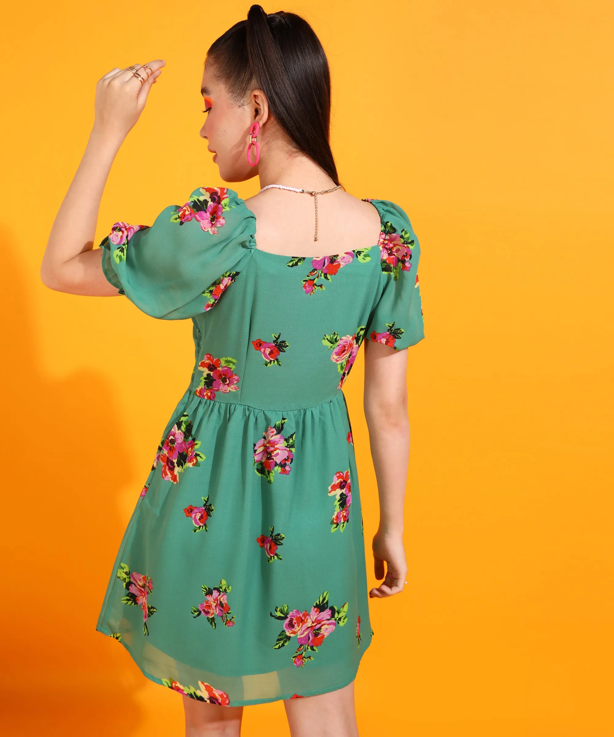Floral Green Above-Knee Dress