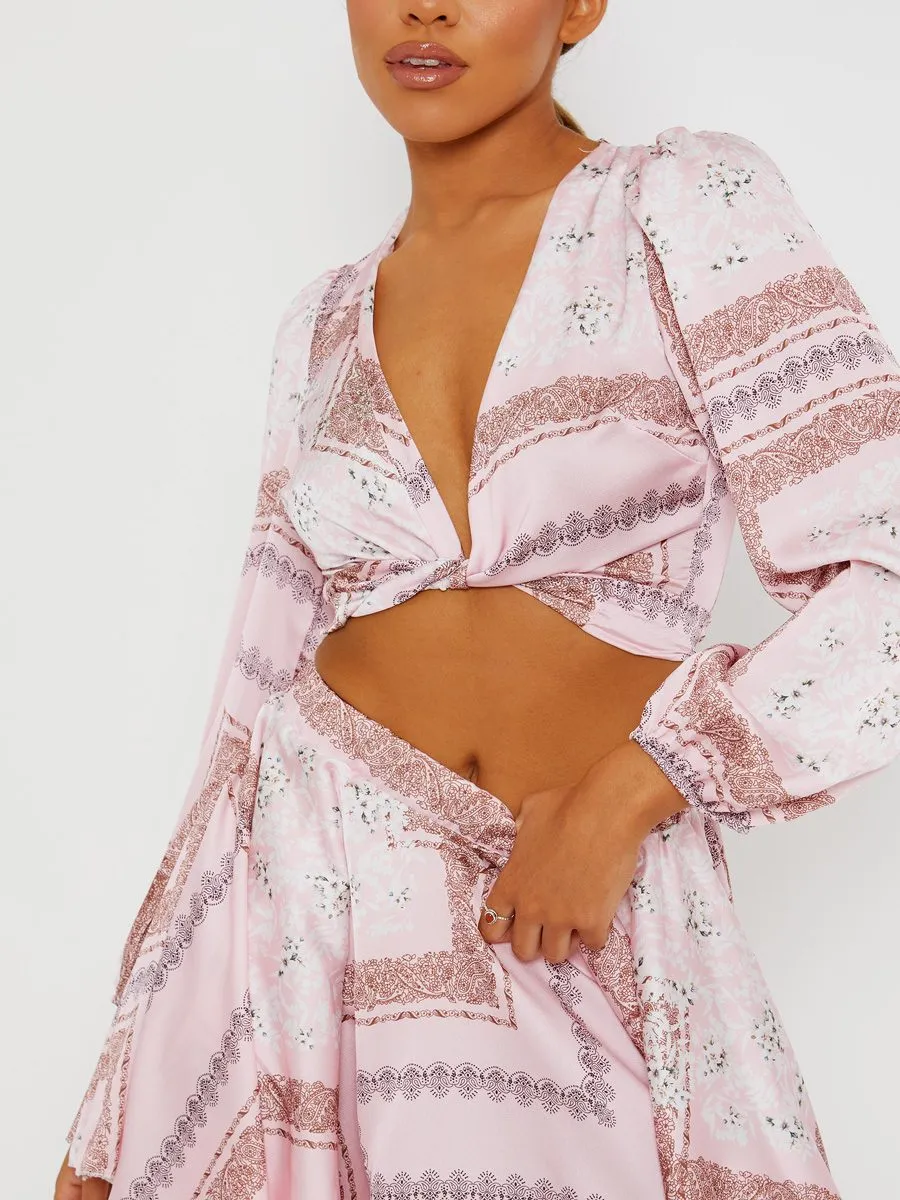 Helen Floral Print Satin Crop Top & Skirt Co-ord In Pink