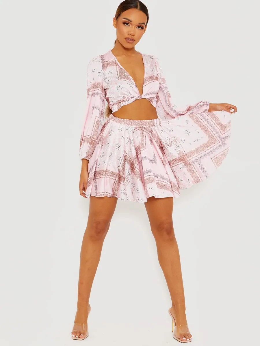 Helen Floral Print Satin Crop Top & Skirt Co-ord In Pink