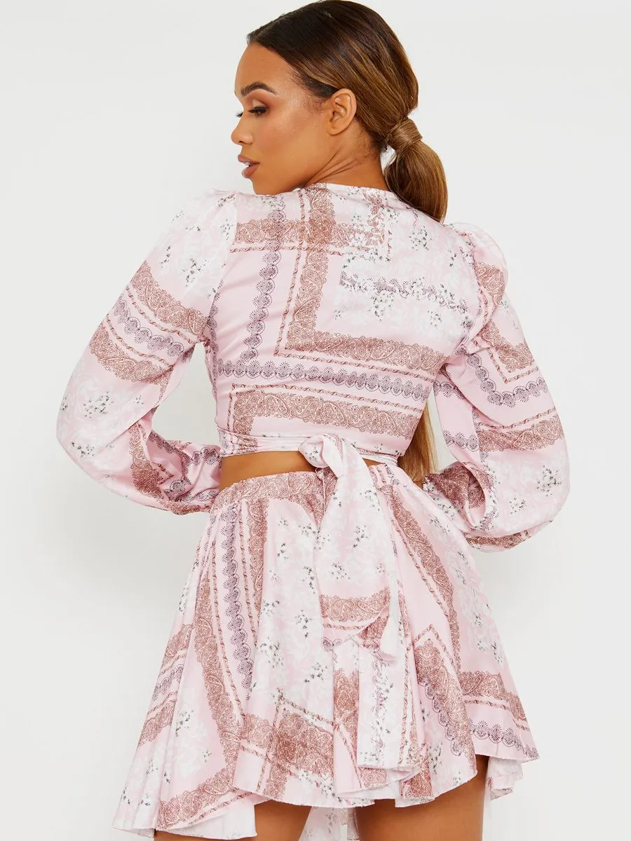Helen Floral Print Satin Crop Top & Skirt Co-ord In Pink