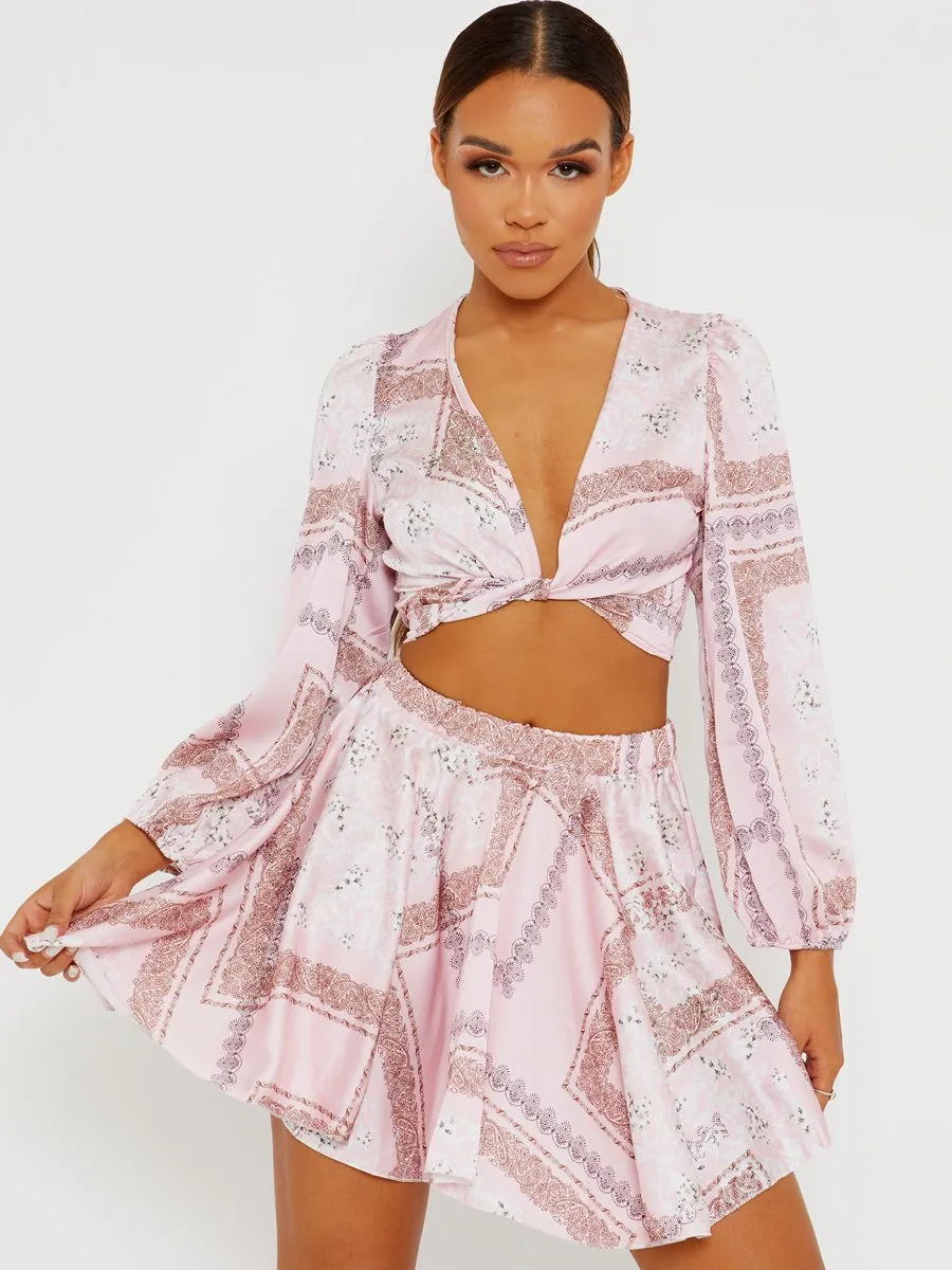 Helen Floral Print Satin Crop Top & Skirt Co-ord In Pink