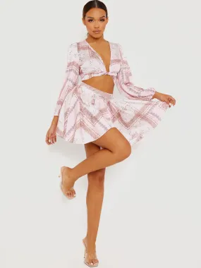 Helen Floral Print Satin Crop Top & Skirt Co-ord In Pink