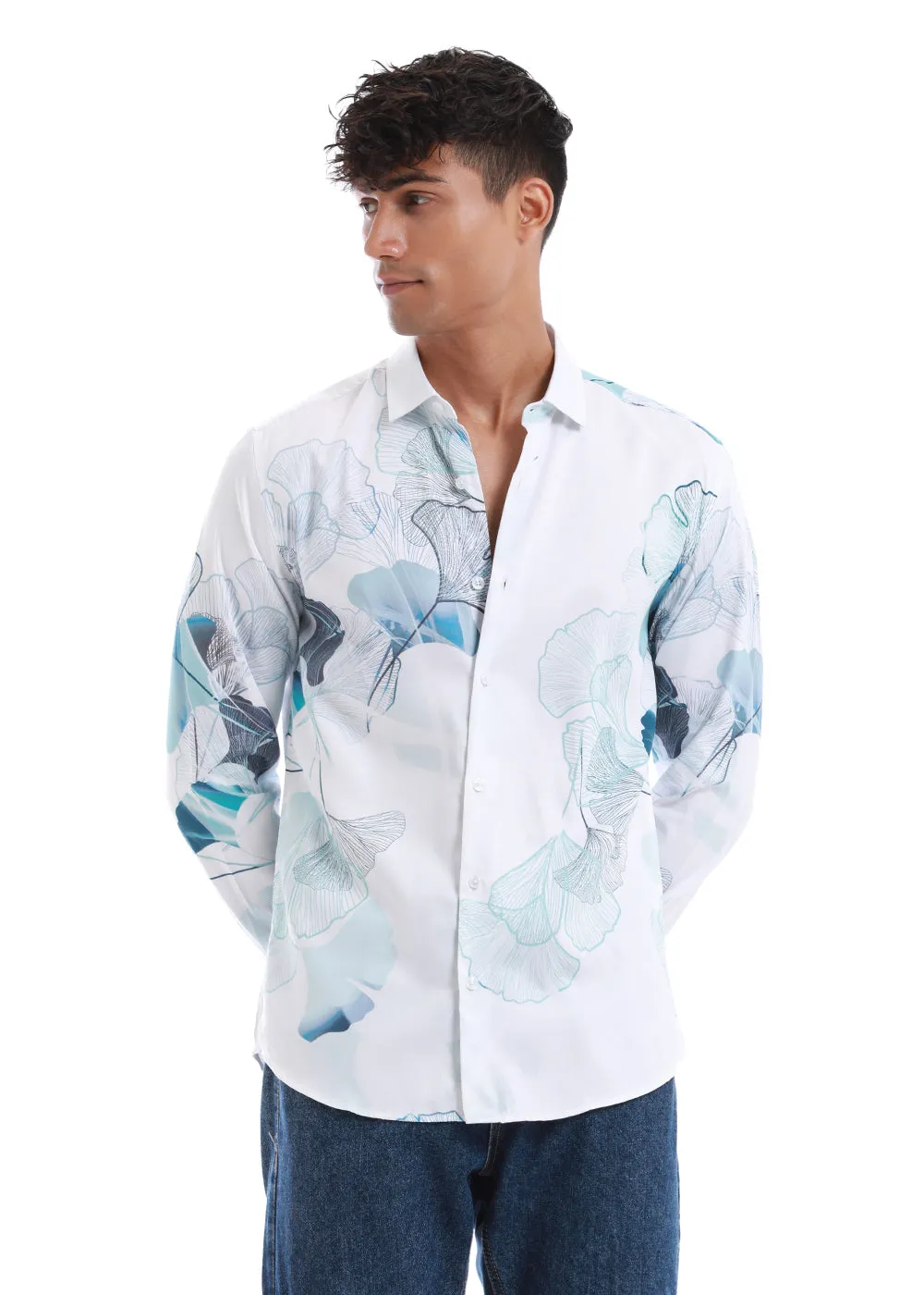Ice Blue Flower Printed Shirt