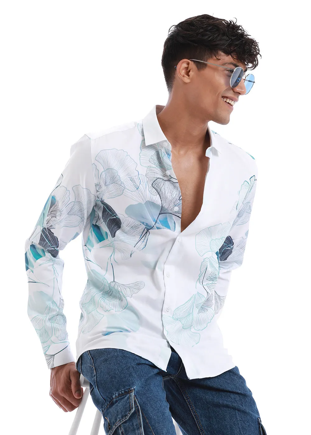 Ice Blue Flower Printed Shirt