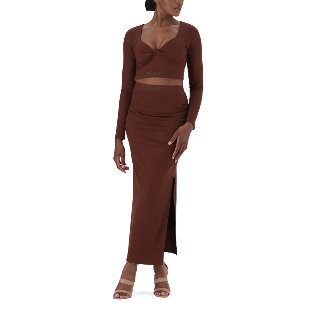 LAYLA BROWN CHOCOLATE HIGH WAISTED RIB BODYCON MIDI SKIRT WITH TWIST