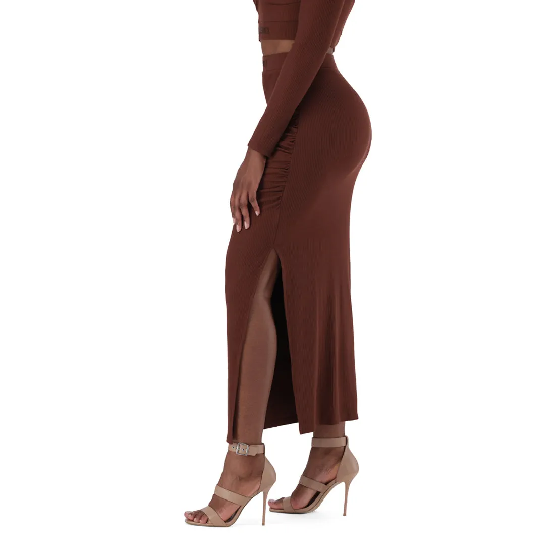 LAYLA BROWN CHOCOLATE HIGH WAISTED RIB BODYCON MIDI SKIRT WITH TWIST