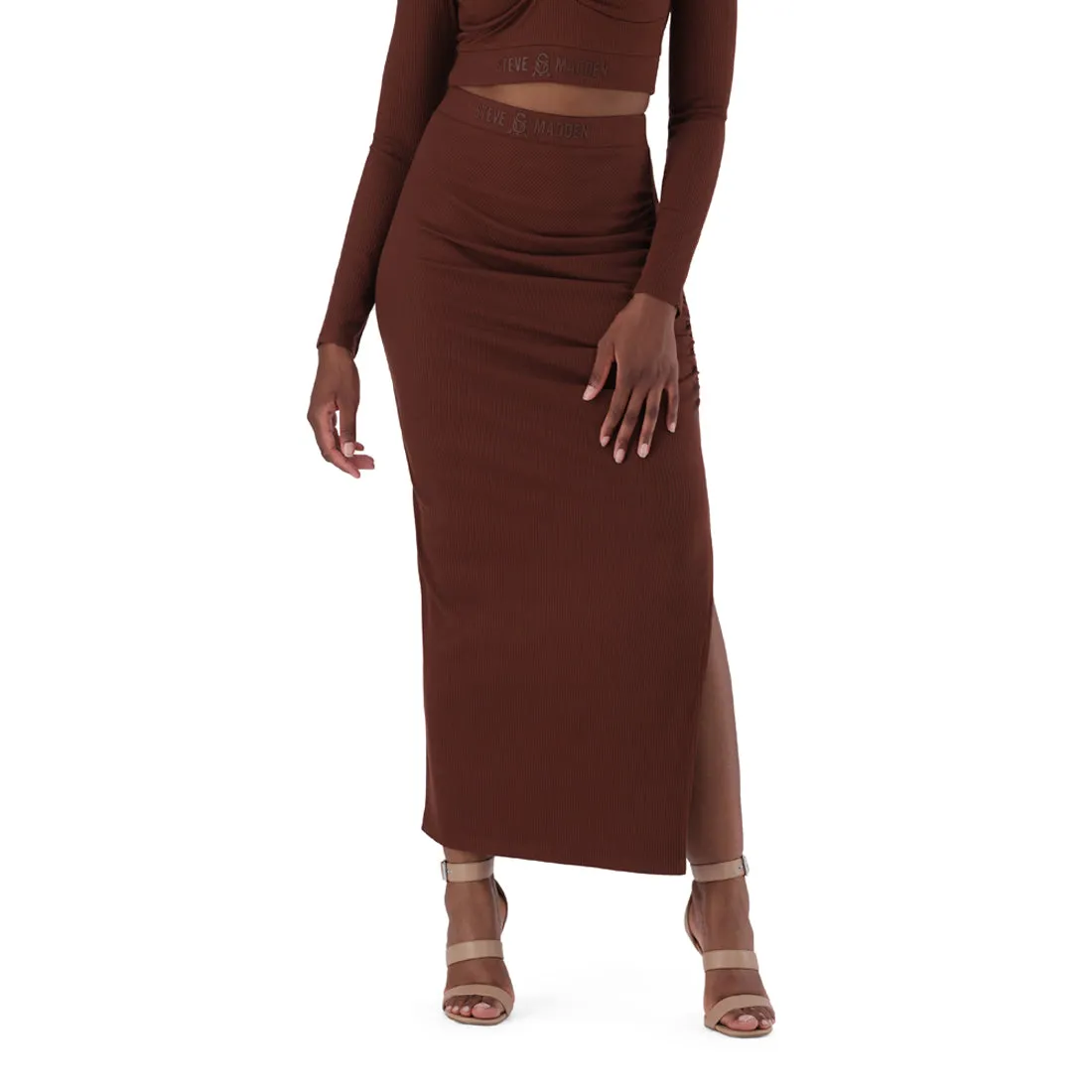 LAYLA BROWN CHOCOLATE HIGH WAISTED RIB BODYCON MIDI SKIRT WITH TWIST